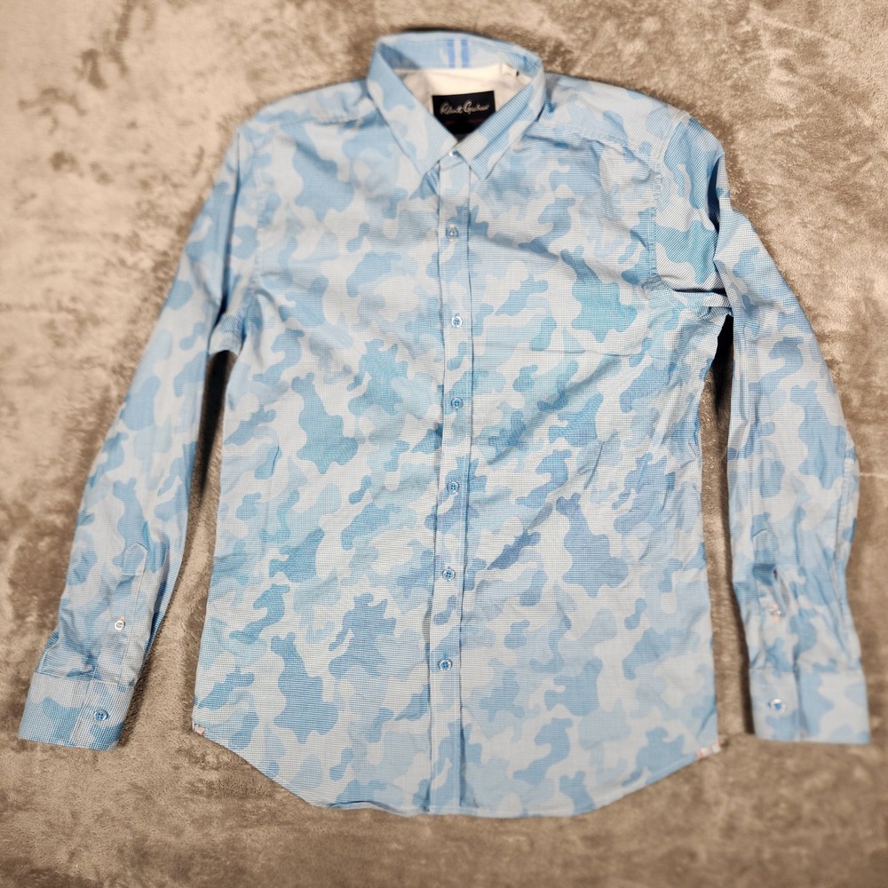Robert Graham Button Down Shirt Mens Large Blue Camo Tailored Fit Stretch